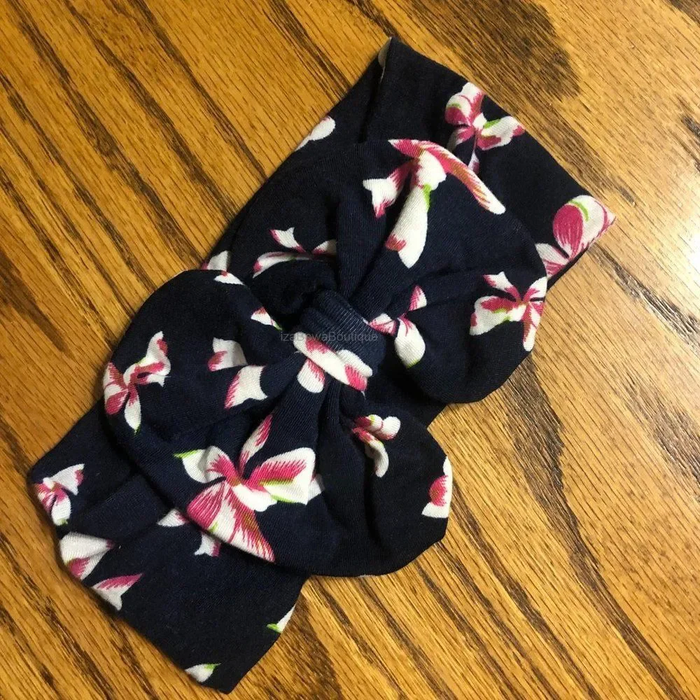 Navy & White Flowers Cotton Big Bow Headband  CMMES45   Handmade NWT Boutique